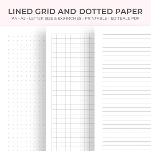 Könnte beinhalten: Weißes Papier mit gepunkteten, karierten und linierten Mustern. Der Text oben lautet "LINED GRID AND DOTTED PAPER" und "A4 - A5 - LETTER SIZE & 6X9 INCHES - PRINTABLE - EDITBALE PDF". Das Papier ist in A4, A5 und Letter erhältlich, mit Abmessungen von 15,24 x 22,86 cm.