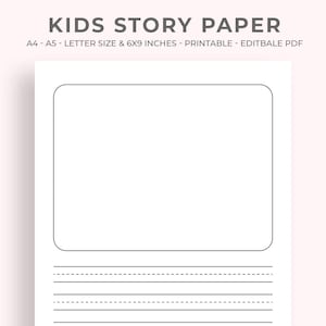 May include: White kids story paper with a large rectangular space for illustrations and lined spaces for writing. The text "KIDS STORY PAPER" is at the top, along with size and format details.