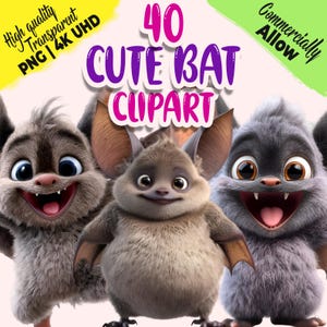 May include: Image features three cartoon bats with large eyes and friendly expressions. The text reads "40 Cute Bat Clipart" in purple and pink, with additional text indicating high quality and commercial use allowance.