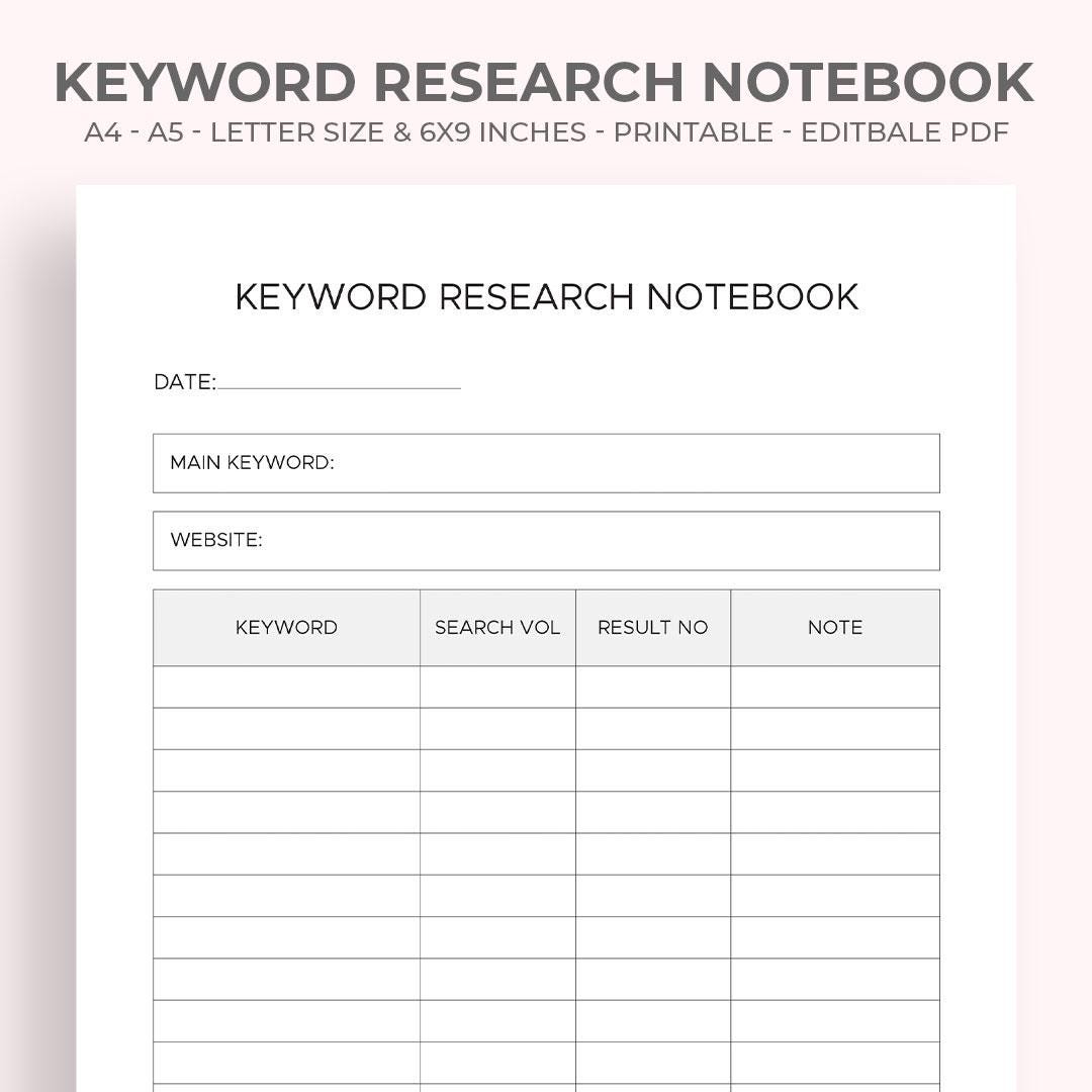Keyword Research Notebook: Printable Planner, A4/letter/a5/6x9 PDF - Etsy