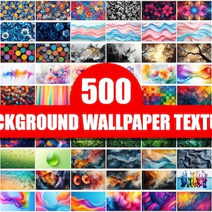 Può includere: Una collezione di 500 texture di sfondo per sfondi in vari stili e colori. L'immagine presenta una griglia di diversi design, tra cui motivi floreali, arte astratta e immagini ispirate alla natura. Il testo "500 BACKGROUND WALLPAPER TEXTURE" è visualizzato in bianco su uno striscione rosso.