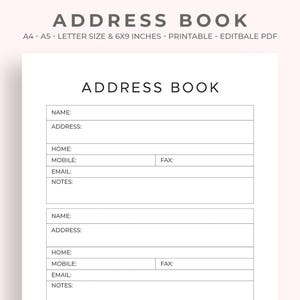 May include: A printable address book with the title "ADDRESS BOOK" at the top. The book is designed for A4, A5, and letter sizes, and is 6x9 inches. It includes fields for name, address, home, mobile, email, and notes.
