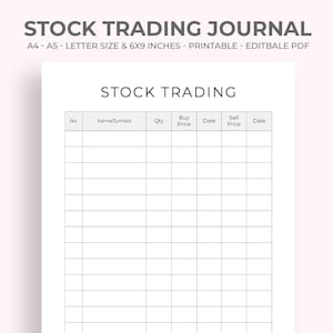 Stock Trading Journal Printable, Investment Tracker (A4, Letter, 6x9, A5 PDF Sizes)