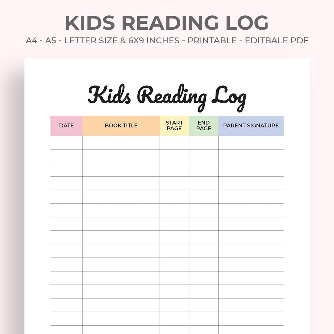 Kids Reading Log Printable: Book Tracker (PDF Download A4/letter/6x9/a5 ...
