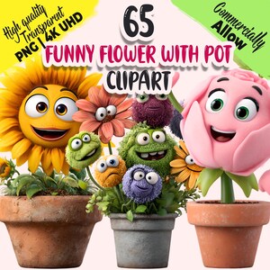 Op de afbeelding: Een verzameling van 65 "Funny Flower With Pot Clipart" afbeeldingen. De afbeeldingen tonen cartoon bloemen met expressieve gezichten in terracotta en grijze potten. De bloemen zijn geel, roze, oranje, groen en paars.