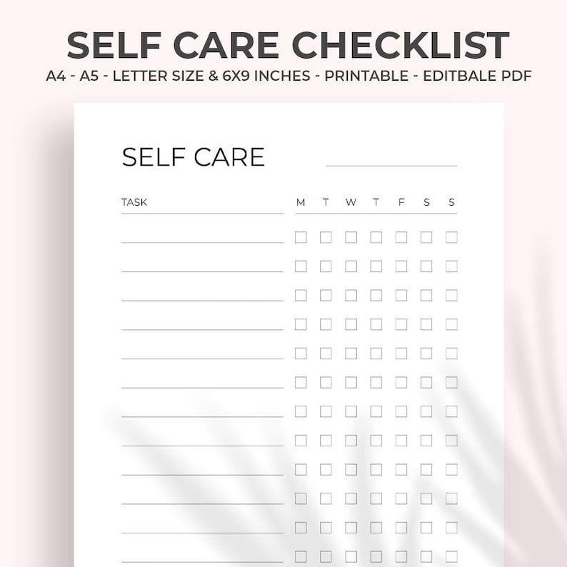 Printable Self Care Checklist – Minimalist Wellness Planner (editable ...