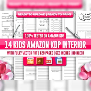 May include: A collection of 14 kids Amazon KDP interior templates featuring lined pages, mood trackers, and gratitude prompts. The documents are 6x9 inches, include 120 pages, and are provided in vector PDF, AI, and JPG formats for printing.