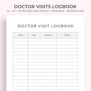 May include: A printable doctor visit logbook with the title "DOCTOR VISITS LOGBOOK" at the top. The logbook includes sections for date, time, reason, and notes. The text "DOCTOR VISIT LOGBOOK" is also displayed. The logbook is available in A4, A5, and letter sizes, and is 6x9 inches.