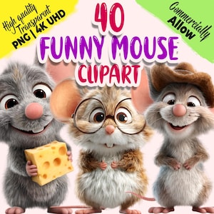 Peut inclure: Graphique numérique présentant trois souris de dessin animé avec des expressions distinctes. L'une tient du fromage, une autre porte des lunettes et la troisième porte un chapeau. Le texte indique "40 Funny Mouse Clipart", avec du texte supplémentaire indiquant la haute qualité et l'utilisation commerciale.