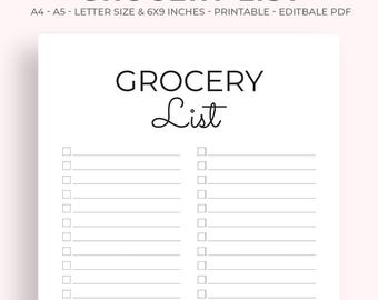 Printable Grocery List Planner: Editable Shopping Checklist (PDF Download A4/Letter/6x9/A5 Sizes)