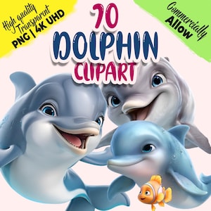 Könnte beinhalten: Digitale Illustration von drei lächelnden Delfinen in Blau- und Grautönen, mit einem kleinen orange-weiß gestreiften Fisch. Text: "70 Dolphin Clipart" und "High quality Transparent PNG | 4K UHD".