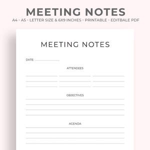 Meeting Notes Template: Business Meeting Organizer (Printable PDF Set A4/Letter/6x9/A5 Sizes)