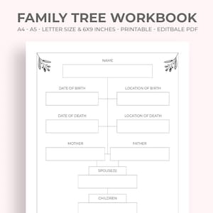 May include: A printable family tree workbook with a white background. The text "FAMILY TREE WORKBOOK" is at the top. The workbook includes fields for name, date of birth, location of birth, date of death, mother, father, spouse(s), and children.