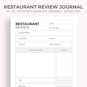 Restaurant Review Journal: Printable Food Log (PDF Download A4/Letter/6x9/A5 Sizes)