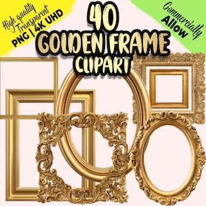 Puede incluir: Una colección de 40 imágenes prediseñadas de marcos dorados en varias formas, incluyendo diseños rectangulares, cuadrados y ovalados. Los marcos tienen tallas ornamentadas y detalladas y están sobre un fondo rosa claro. El texto incluye "High quality Transparent PNG | 4K UHD" y "Commercially Allow".