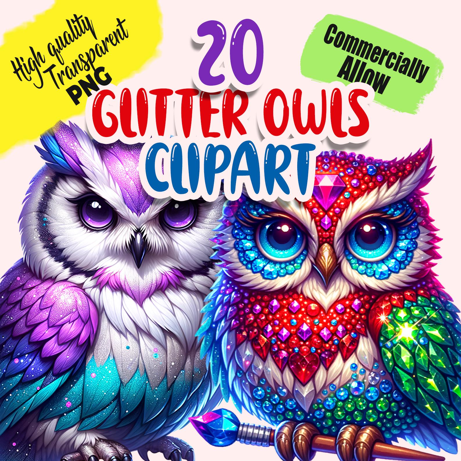 Glitter Owls Clipart Bundle | 20 Sparkling Owl Illustrations | Transparent PNG for Crafting, Sublima