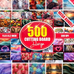 Könnte beinhalten: Eine Sammlung von 500 Schneidebrett-Designs, jedes mit einzigartigen Kunstwerken. Die Designs umfassen Blumenmuster, Tierillustrationen und abstrakte Kunst. Das Bild ist mit "11,6 x 8,2 Zoll" (29,5 x 20,8 cm) und "300 DPI" beschriftet. Ein "Mega Bundle"-Label ist ebenfalls vorhanden.