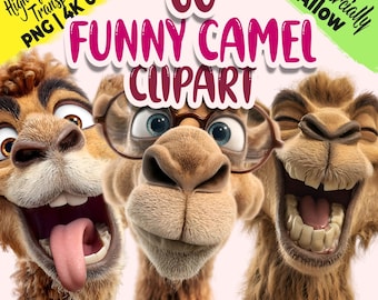 Funny Camel Clipart Bundle – 60 Kawaii Animal PNGs (Digital Download)