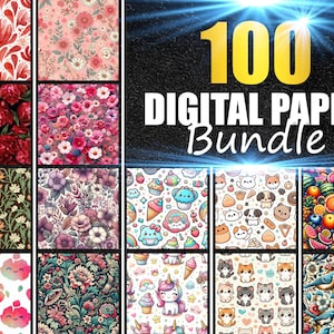 May include: A digital paper bundle with various patterns, including floral, cartoon animals, and fruit designs. The image features the text "100 DIGITAL PAPER BUNDLE" in a bright yellow font against a dark background.