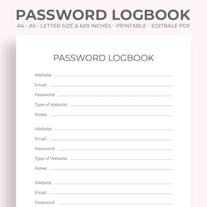 May include: A white password logbook with the title "PASSWORD LOGBOOK" at the top. The logbook includes fields for website, email, password, type of website, and notes. The size is 15.24 x 22.86 cm.