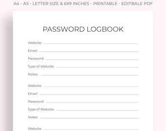 Password Logbook: Printable Password Keeper (PDF Download A4/Letter/6x9/A5 Sizes)