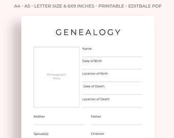 May include: A printable genealogy organizer with the word "GENEALOGY" at the top. The document includes fields for name, date of birth, location of birth, date of death, location of death, mother, father, spouse(s), children, and notes. The document is 6x9 inches.