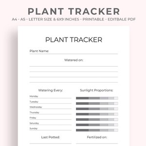 Puede incluir: Un rastreador de plantas imprimible con el título "PLANT TRACKER". Incluye secciones para el nombre de la planta, el programa de riego y las necesidades de luz solar. Formato A4-A5.