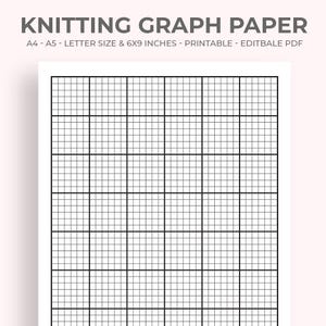 Peut inclure: Feuille de papier graphique pour tricot avec une grille de lignes noires sur fond blanc. Le texte "KNITTING GRAPH PAPER" est en haut, avec les tailles A4, A5, format lettre et 15.24 x 22.86 cm. Le papier est imprimable et modifiable.