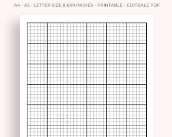 May include: A sheet of knitting graph paper with a grid of black lines on a white background. The text "KNITTING GRAPH PAPER" is at the top, along with size details: A4, A5, Letter size, and 6x9 inches. The paper is printable and editable.