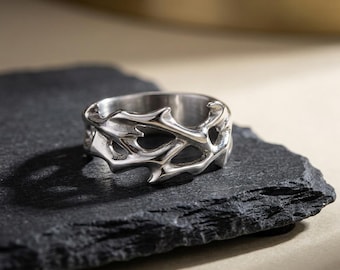 Thorn Ring Stainless Steel, Barbed Wire Band Jewelry, Gothic Punk Ring, Edgy Minimalist Statement Ring, Alternative Gift for Him and Her