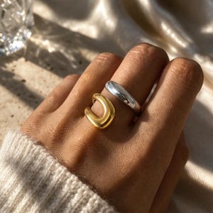 Elegant Two-Tone Minimalist Open Ring – Gold & Silver Modern Stainless Steel Adjustable Band – Statement Fashion Jewelry