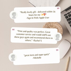 May include: Image featuring customer testimonials in white speech bubbles against a neutral background. The text includes phrases like "Really lovely gift," "Print and quality was perfect," and "great item and super quick." A laptop, mouse, and pen are also visible.