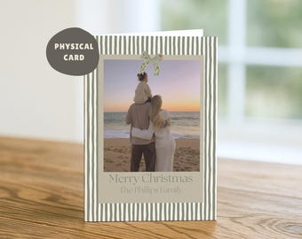 Tarjeta navideña personalizada con lazo a rayas, tarjeta navideña física, tarjeta con foto familiar, tarjeta navideña personalizada, tarjeta de felicitación navideña