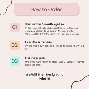 May include: A graphic with instructions on how to order a custom design. The text includes steps to send a Canva design link, select a size, and place an order. The final step is for the seller to design and print the item.