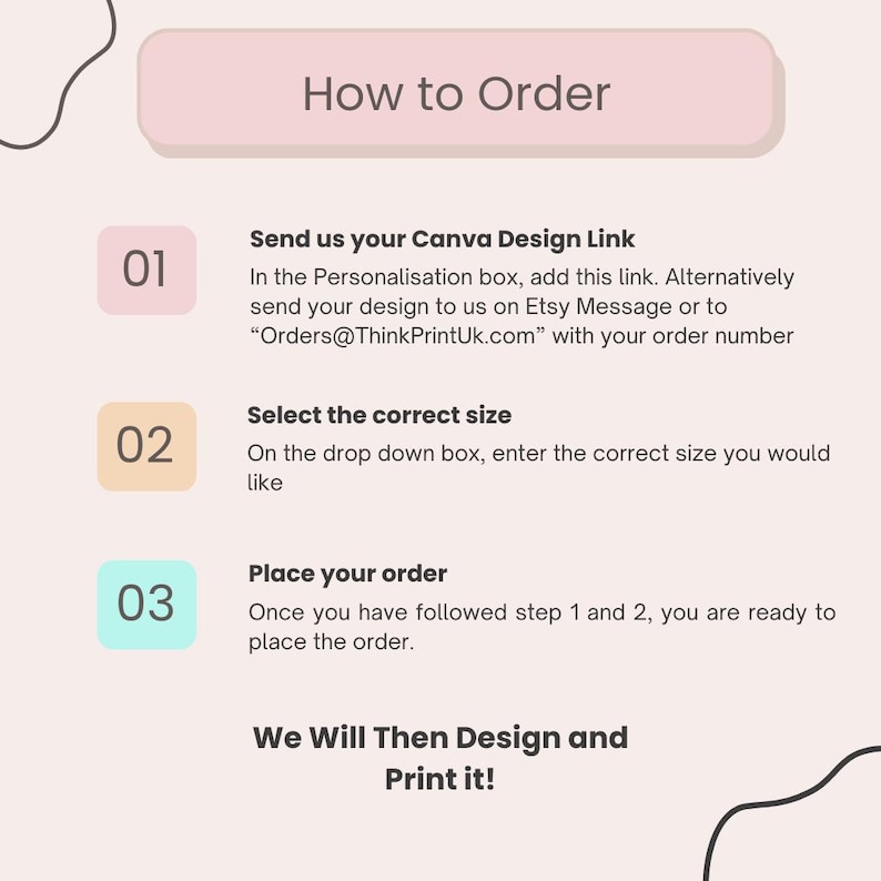 May include: A graphic with instructions on how to order a custom design. The text includes steps to send a Canva design link, select a size, and place an order. The final step is for the seller to design and print the item.