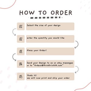 May include: A cream-colored graphic with the text "HOW TO ORDER" at the top. The steps are numbered 01-05, with instructions to select design size, enter quantity, place order, send design, and the final step to print and ship.