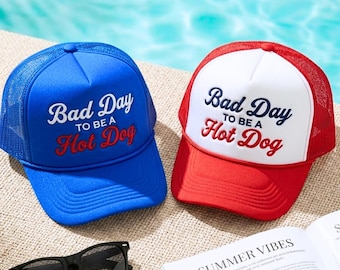 Gorra de camionero de espuma bordada "Bad Day To Be A Hot Dog", gorra divertida de camionero con bordado de perrito caliente, gorra del 4 de julio, gorra del Día de los Caídos, gorra del Día del Trabajo