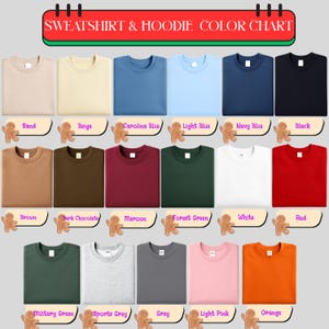 May include: A color chart displaying various sweatshirt and hoodie colors. The chart includes colors such as sand, beige, Carolina blue, light blue, navy blue, and black. Additional colors include brown, dark chocolate, maroon, forest green, white, and red.