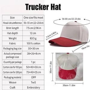 Puede incluir: Una gorra tipo trucker blanca y roja con visera de 7,5 cm, profundidad de 12 cm y peso de 83,5 g. Hecha de 100% algod&oacute;n sarga. Una tabla de tallas indica una circunferencia de cabeza de 56-60 cm y dimensiones de empaque de 30x30 cm.