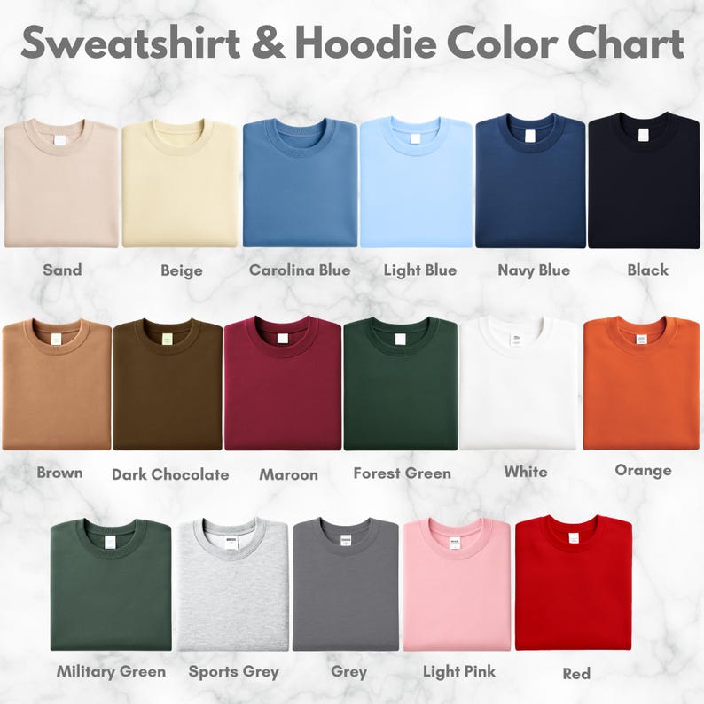 Peut inclure: Un nuancier de couleurs pour sweatshirts et hoodies. Les couleurs pr&eacute;sent&eacute;es sont sable, beige, bleu Caroline, bleu clair, bleu marine, noir, marron, chocolat noir, bordeaux, vert for&ecirc;t, blanc, orange, vert militaire, gris sport, gris, rose clair et rouge.
