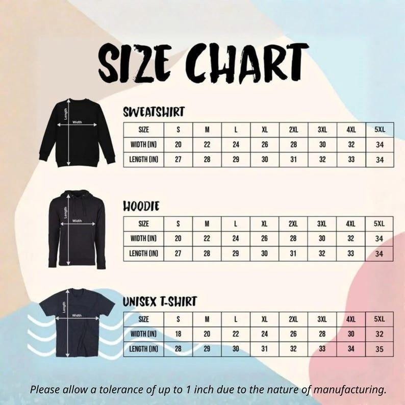 Puede incluir: Una tabla de tallas con una sudadera, una sudadera con capucha y una camiseta negras, con medidas en pulgadas para las tallas S a 5XL. El texto incluye SIZE CHART, SWEATSHIRT, HOODIE, UNISEX T-SHIRT y una nota sobre la tolerancia de fabricaci&oacute;n.