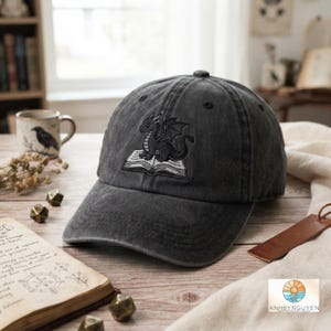 Embroidered Dragon Book Cap, Dragon Book Lovers Cap, Fantasy Book Reader Cap, Book Addicted Cap, Dragon Cap