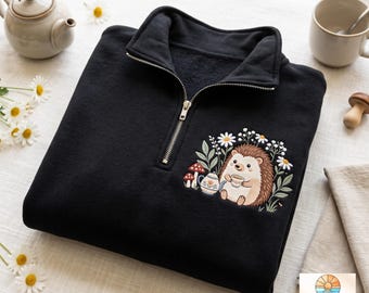 Embroidered Hedgehog Quarter Zip Sweatshirt – Woodland Animal Floral Cottagecore Nature Lover Gift