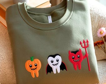 Sudadera bordada de dentista espeluznante, camiseta bordada de Halloween dental, camiseta de higiene dental de doctor
