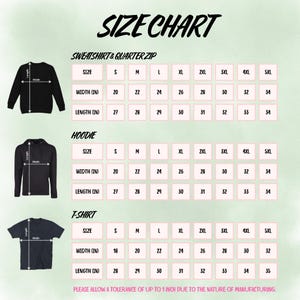 Puede incluir: Una tabla de tallas para sudaderas, quarter zips, sudaderas con capucha y camisetas. La tabla muestra las medidas en pulgadas para el ancho y el largo, que van desde la talla peque&ntilde;a hasta la 5XL. El texto en la parte inferior dice: "Por favor, permita una tolerancia de hasta 1 pulgada debido a la naturaleza de la fabricaci&oacute;n."