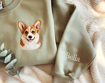 Custom Embroidered Pet Portrait Sweatshirt, Personalized Dog Cat Tee, Dog Mom Gift