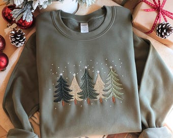Christmas Tree Embroidered Sweatshirt, Winter Trees Embroidery Shirt, Xmas Season Gifts