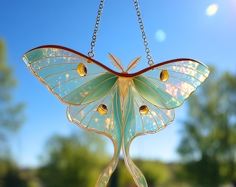 Luna Moth Arcrylic Hologram Window Hanging, Butterfly Artwork Faux Stained Glass Suncatcher, Garden Art