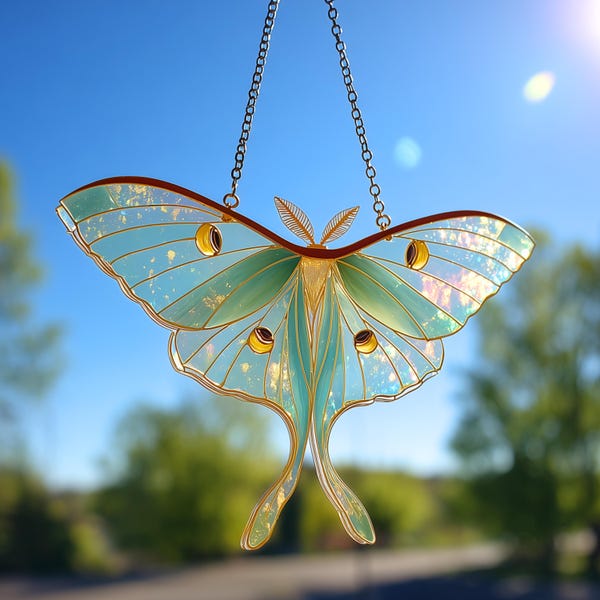 Luna Moth Arcrylic Hologram Window Hanging, Butterfly Artwork Faux Stained Glass Suncatcher, Garden Art