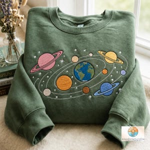 Könnte beinhalten: Ein olivgrüner Rundhals-Pullover mit einer gestickten Darstellung des Sonnensystems. Das Motiv zeigt die Erde, einen gelben Planeten mit Ringen, einen blauen Planeten mit Ringen, einen rosa Planeten mit Ringen sowie weitere Himmelskörper und weiße Sterne.